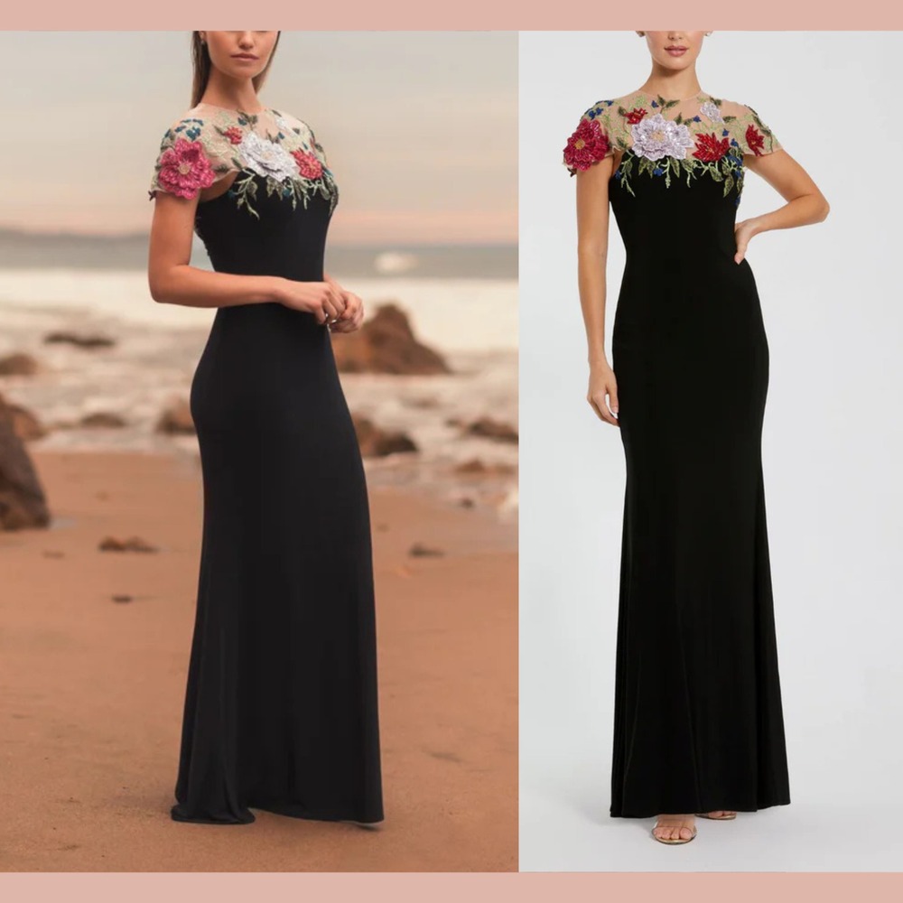 NWT MAC DUGGAL [ 8 ] 11817 Floral‎ Embellished Jersey Fitted Gown Black